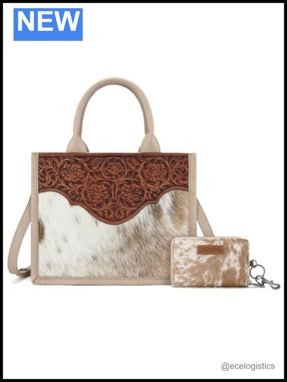 Genuine Hair-On Cowhide Floral Tooled Western Tote Bag with Top Zipper